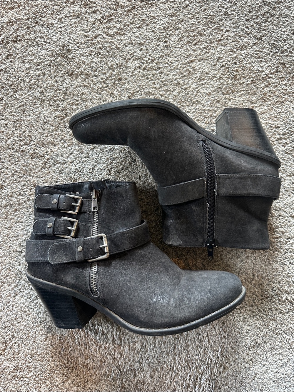 Ruff Hewn Dark Gray Suede Buckle Strap Ankle Boots